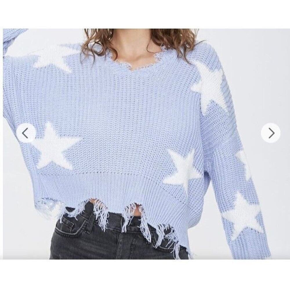 Polly & Esther Women’s M Blue White Star Distressed Cropped Sweater Y2K